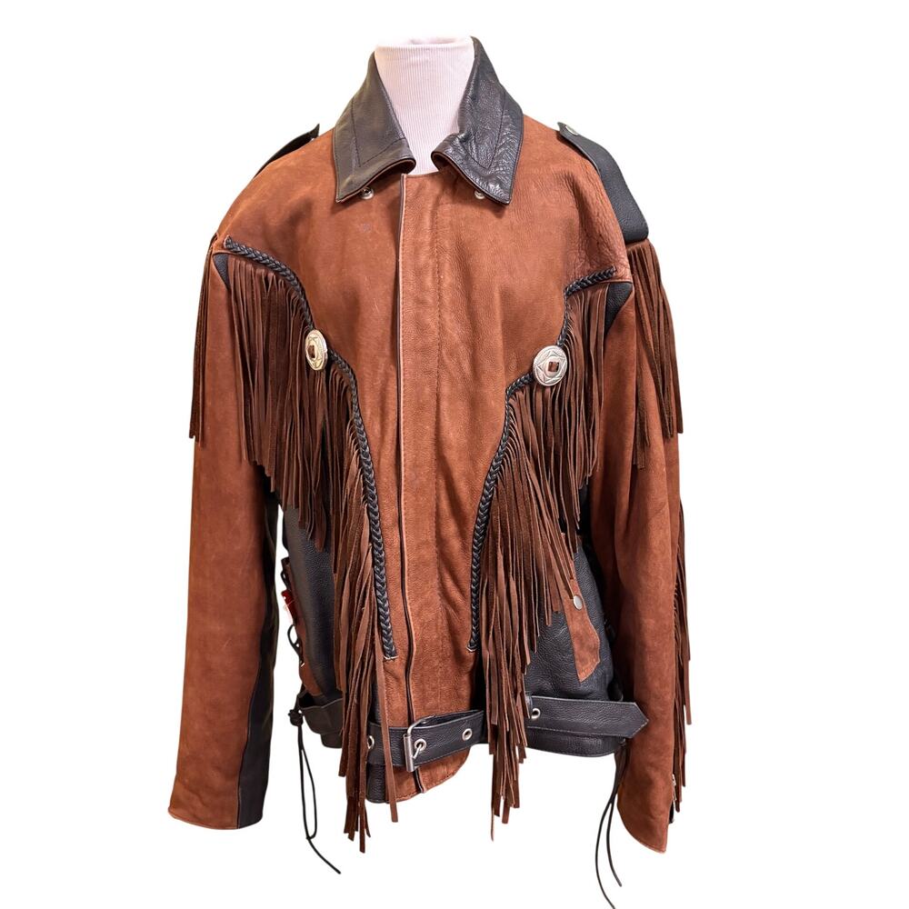 Vintage 80s/90s Leather Tassel Jacket Brown and Black Zip Up